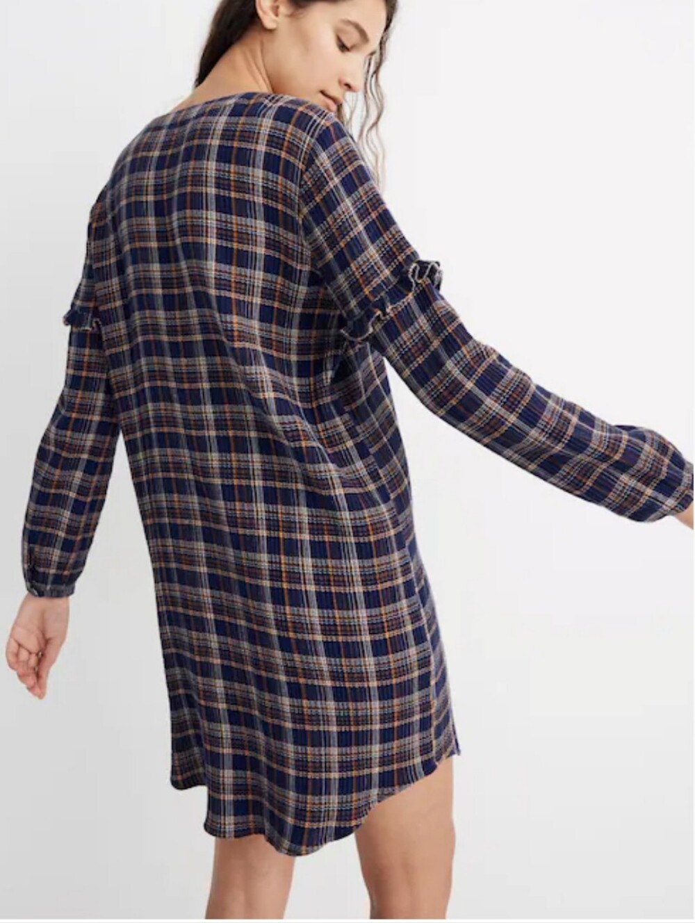 Madewell Ruffle Shirt Dress Size M Plaid - Picture 2 of 10